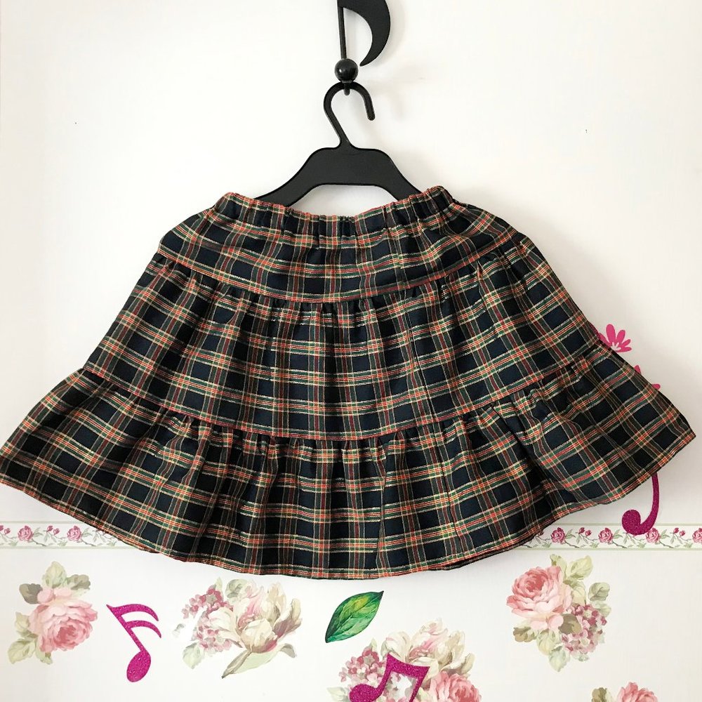 Black Green Red Gold Plaid Check Holiday Tiered Flared Holiday Skirt  6-8 Girls